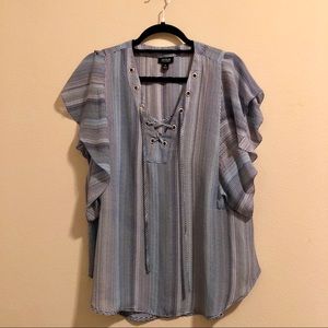 A.n.a blue and white stripe lace up blouse